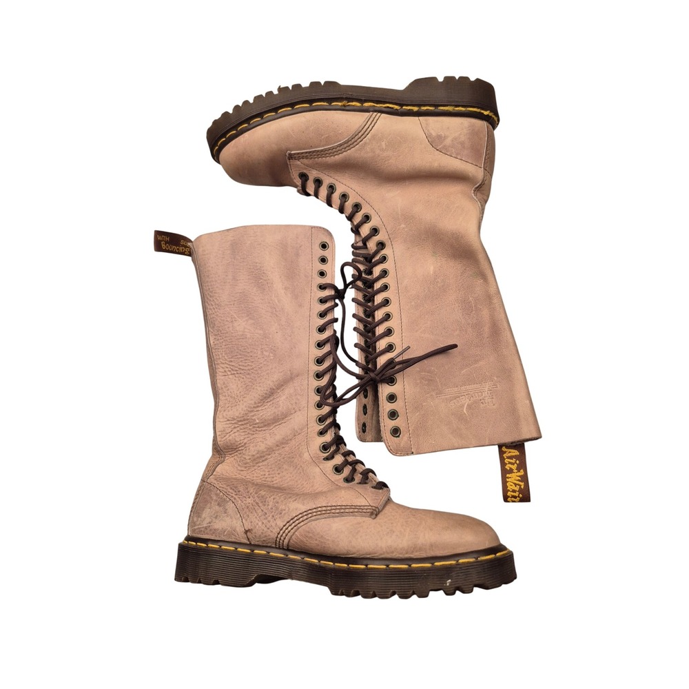 Dr. Martens Eye Tall Lace Up Boots Tan Olive Distressed Leather Womens VTG Sz 8